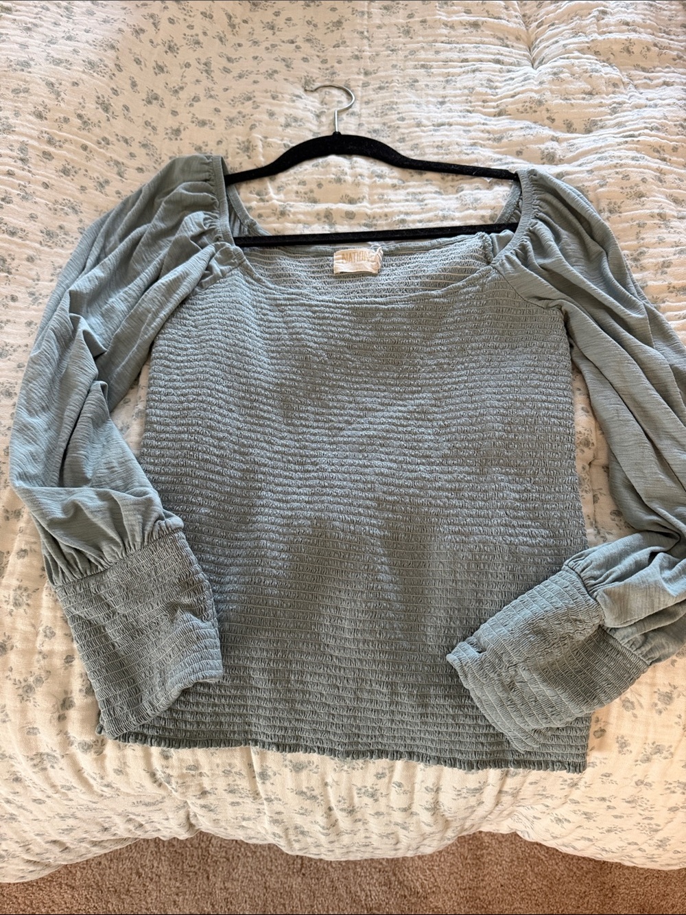Nation Smocked Square-Neck Long Sleeve Top in Sage Blue